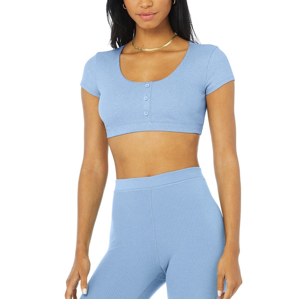 Alo Sky Blue Ribbed Blissful Legging & Bra